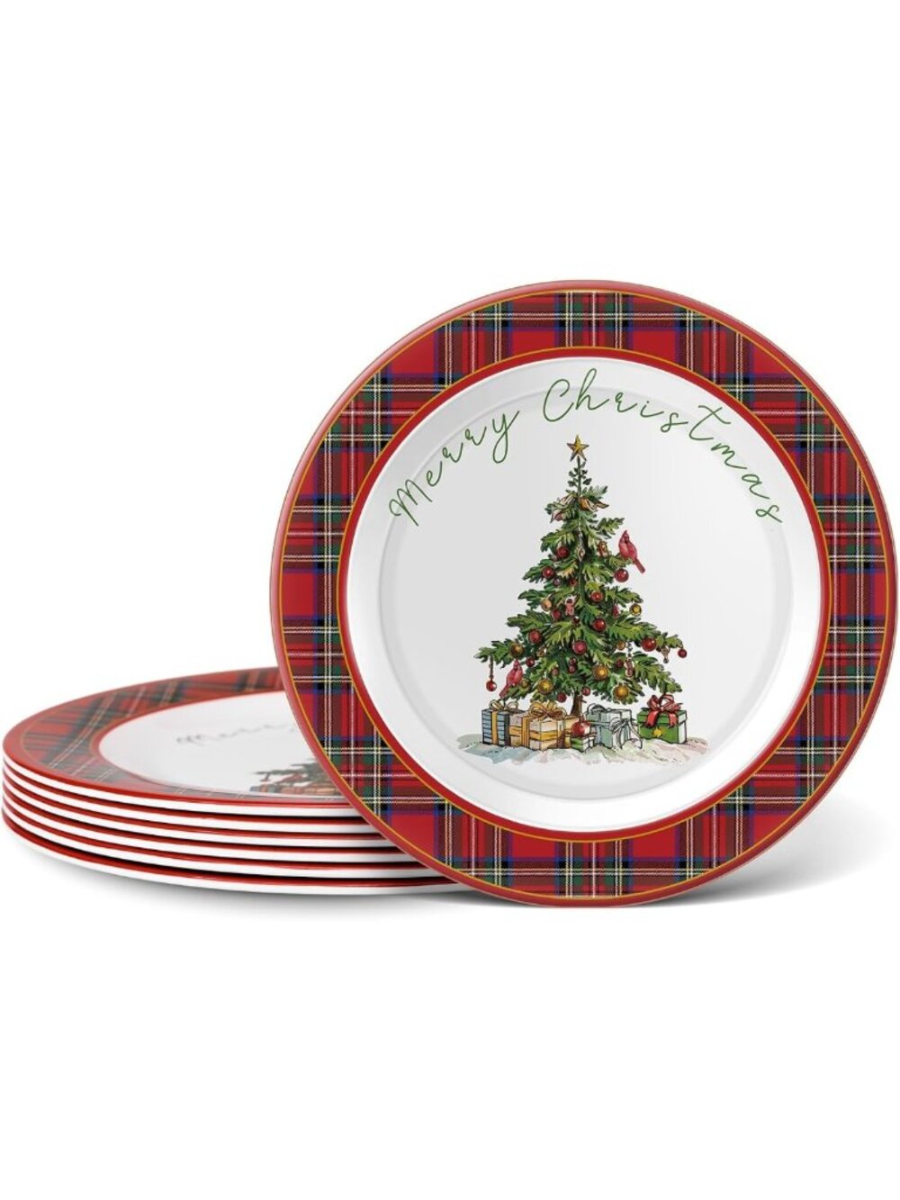 Set of 6 Red Tartan Christmas Melamine Plates - Festive Holiday Dinnerware